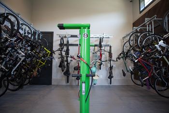 Bike storage room with tire pumps